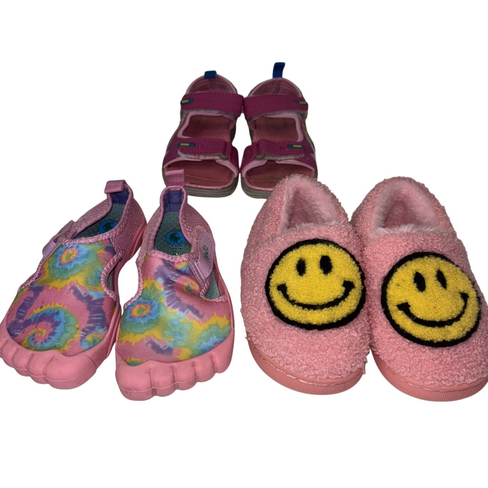 Kids Pink Tie Dye Water Shoes‎ & Smiley Face Slippers Bundle Size 9-10